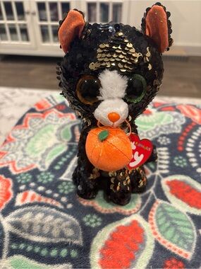 Ty Flippables Sequin Black & Gold Cat with Orange Pumpkin